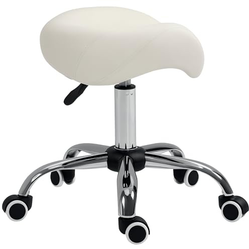 HOMCOM Sgabello da Lavoro a Sella con Ruote e Altezza Regolabile per Negozi Parrucchiere e Tattoo, 52x53x49-61cm Beige