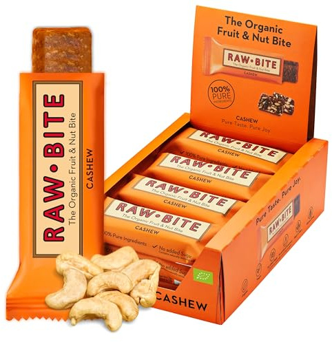RAWBITE CASHEW Bars | 12 Soft Organic Healthy Snacks and Energy Nut Bars in Value Box | Low Calorie, Gluten-Free Snacks with Dates and Nuts | Vegan, Lactose-Free | Fibre Bars 12g Protein | 12 x 50g