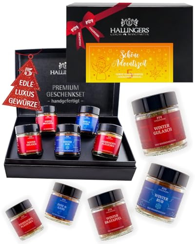 Hallingers Genuss Manufaktur Gewürz Weihnachts-Geschenk-Set - 5 Gewürze aus aller Welt in wertiger Geschenkbox mit Rezept-Booklet Schöne Adventszeit, Weihnachten für Frauen Männer
