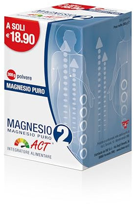 Magnesio 2 Act Puro, Integratore Alimentare in Polvere a base di Magnesio che Riduce la Stanchezza e L'Affaticamento - 1 Confezione da 300gr