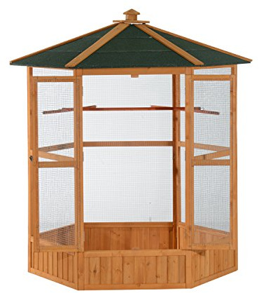 PawHut 69 Large Wooden Hexagonal Outdoor Aviary Flight Bird Cage with Covered Roof, Brown