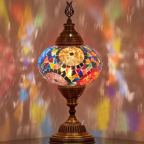 DEMMEX Battery-Operated Turkish Moroccan Mosaic Table Lamp, Portable Stained Glass Lamp for Indoor & Outdoor Use, Cordless Handmade Decorative Light for Balcony, Patio & Camping – 30 cm H (Multicolor)
