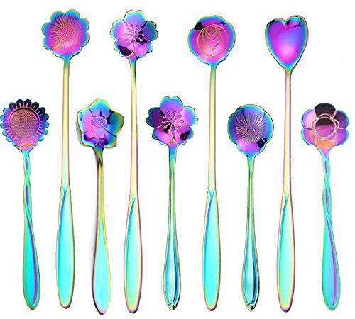 Flower Spoon Coffee Teaspoon Set, ESRISE Stainless Steel Tea Spoon Dessert Spoon for Christmas Gifts Birthday Gifts(Rainbow)