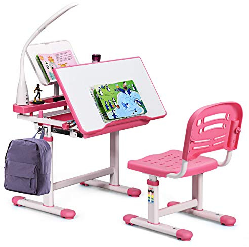 COSTWAY Set Scrivania e Sedia per Bambini 3-12 Anni, Altezza e Angolo Regolabile e Multifunzionale, Con Lampada di Protezione per gli Occhie Cornice per la Lettura (ROSA)