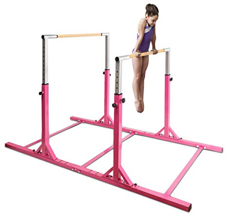 Costzon Double Horizontal Bars, Junior Gymnastic Training Parallel Bars w/ 11-Level 38-55 Adjustable Heights, Converted Single Bar, 264lbs Capacity, Ideal for Indoors, Outdoors, Home Practice (Pink)