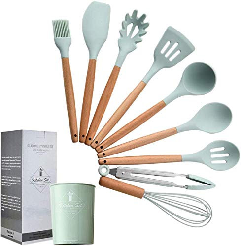 Set di Utensili da Cucina in Silicone – 9 Pezzi Manici in Legno Naturale, Utensili da Cucina, Pinze, Spatola, Cucchiaio per Pentole Antiaderenti Verde Menta