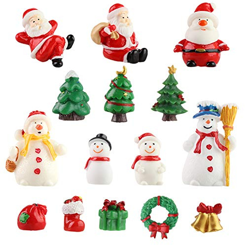 SALLYFASHION Harz Weihnachten Miniatur, 15 Stück Weihnachtsfiguren Mini Ornamente Set Weihnachtsmann Weihnachtsbaum Schneemann für Weihnachtsdeko DIY Feengarten