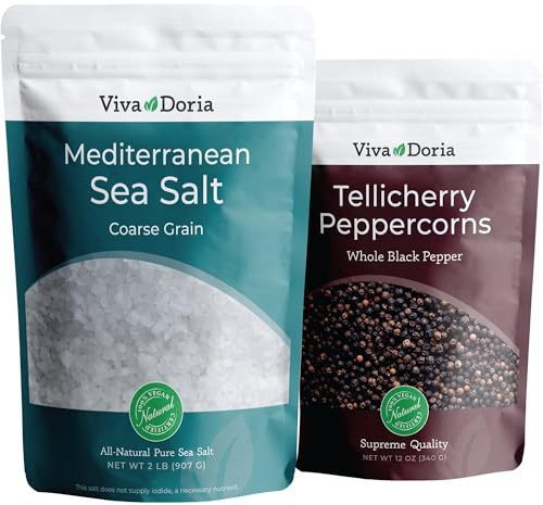 Viva Doria Tellicherry Black Peppercorn, Whole Black Pepper, Black Peppercorns, 340 Gram and Mediterranean Sea Salt, Coarse Grain, 907 Gram, For Grinder Refills (2 Set) | Whole Black Pepper 12 Oz, Coarse Grain Sea Salt 2 lb, For Grinder Refills, 2 Set