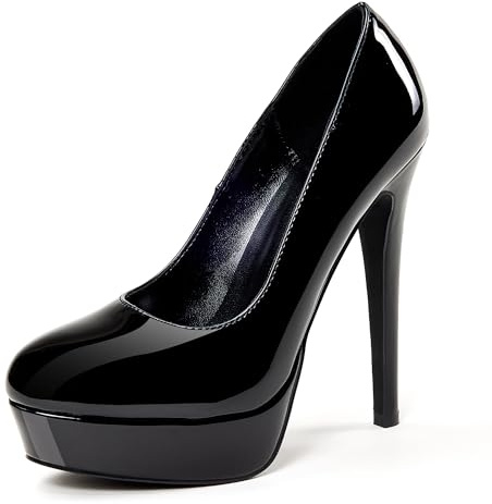 GENSHUO Plateau Pumps Damen Geschlossene 5.5 Zoll/14cm Stilettos High Heels Lack Plateau Prom Party Frauen High Heels Schuhe Alles Schwarz Größe 39 EU