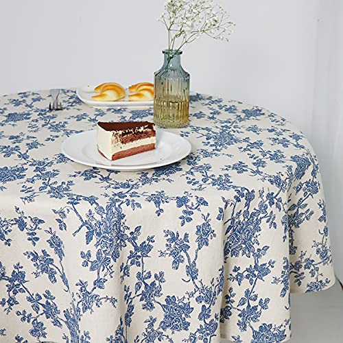 Wracra Tischdecke Abwaschbar Rund 120 cm, Tischdecke Blau Baumwolle Leinen | Blaues Blumen Pastorale Print, Vintage Tischdecke Outdoor, Maschinenwaschbar, Garten, Esszimmer, Feiertage, Party, Wohnkultur