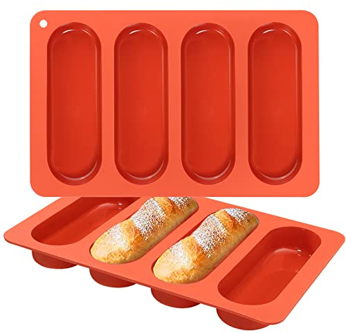 Webake 6 Inch Hot Dog Bun Pan, 2 Pack SIlicone Hotdog Bun Molds Nonstick Bread Forms, Mini Baguette Sandwich Baking Tray for Sub & hoagie roll