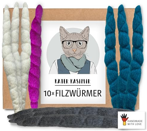 Kater Kasimir 10 handgerollte Filzwürmchen aus 100% Schurwolle. In Deutschland mit Liebe gefertigtes nachhaltiges Katzenspielzeug aus regionalem Naturmaterial.