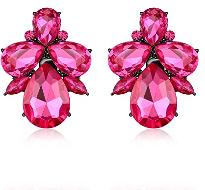 EVER FAITH Hot Pink Stud Earrings for Women, Sparkly Rhinestone Crystal Lightweight Hypoallergenic Teardrop Statement Studs Earring Jewellery Gifts for Wedding Prom Party
