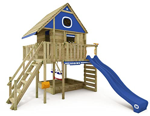 Wickey Stelzenhaus Smart Lakehouse mit Schaukel & Blauer Rutsche, Kletterturm, Spielhaus, Spielturm, Baumhaus mit Sandkasten, Kletterleiter & Spiel-Zubehör