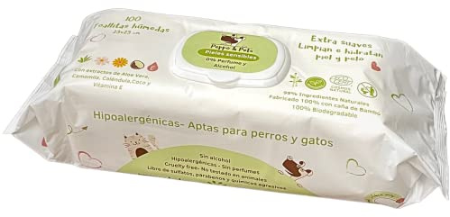 Peppo and Pets - 100 Toallitas húmedas limpiadoras para Perros y Gatos-1 Paquete (100 Unidades)- Sin Perfume- 99% Ingredientes Naturales- Compostables