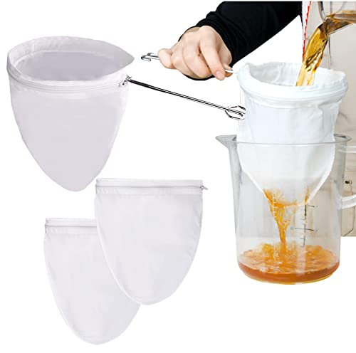 Nussmilchbeutel Bio Waschbar, Passiertuch Wiederverwendbar Passiersieb für Marmelade zum Filtern von Beeren Nussmilch Obstsaft-1 Halter und 3 Baumwolle Siebbeutel mit Reißverschluss