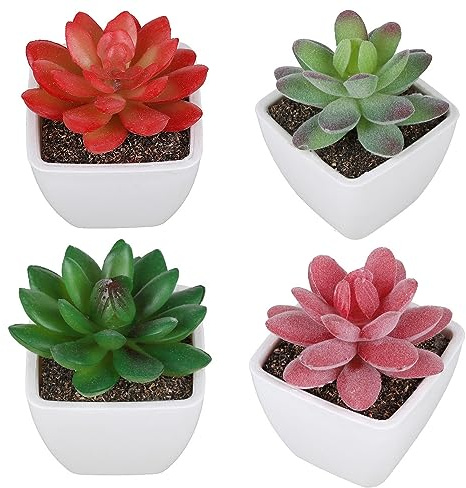 QIRUIRED Mini Fake Succulents in Pots - Set of 4 Decorative Artificial Plants Indoor Lifelike Faux Plastic Plants in White Plastic Pots for Bedroom Office Bathroom Home Kitchen Decor Green Pink Red
