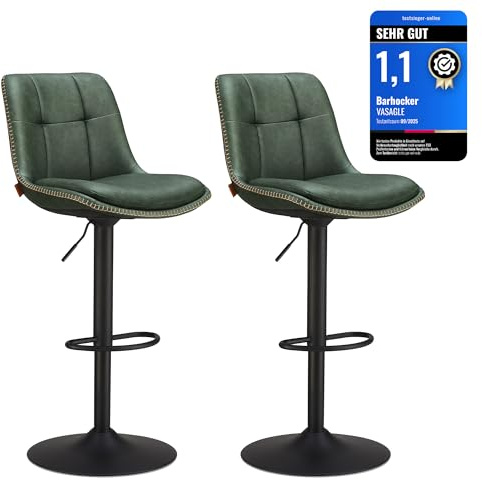 VASAGLE Barhocker 2er Set, Barstühle höhenverstellbar, drehbare Küchenhocker, PU-Bezug, mit Rückenlehne und Fußstütze, Esszimmer, Theke, waldgrün-tintenschwarz LJB095C01