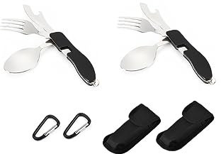 Campingbesteck 4 in 1 Klapp-Besteck aus Edelstahl mit Gürteltasche, Feldbesteck Outdoor Flaschenöffner Messer Gabel löffel Set 2er Pack