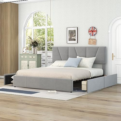 Bett 160x200 mit Schubladen, Einzelbett/Doppelbett, Modern Polsterbett mit Samtstoff Rückenlehne und Lattenrost, Höhenverstellbares Kopfteil,Jugendbett Gästebett, Grau (ohne Matratze)