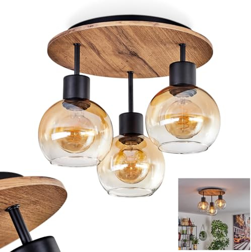 HOFSTEIN Deckenleuchte Vouhet, Deckenlampe aus Metall/MDF/Glas in Schwarz/Holzoptik/Bernstein/Klar, Leuchte im Retro/Vintage-Design, Ø Schirme 15cm, 3 x E27, Wohnzimmer, Esszimmer, Schlafzimmer, Küche