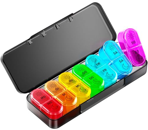 Tablettenbox 7 Tage Morgens Abends, Pillendose Woche 2 Fächer Groß, Medikamentenbox 7 Tage mit Pillenbox Klein für Unterwegs, Tabletten Organizer 14 Tage Tragbare Tablettendose (Schwarz)