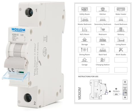 MOLLOM Disjoncteur miniature unipolaire CA 1P,110V-240V 20A,C20,déclenchement thermomagnétique,capacité de coupure 6KA.Pour systèmes solaires AC,usage domestique et camping-cars