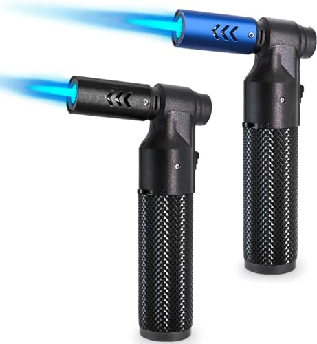 2 Pack Culinary Butane Torch Lighter,Big Jet Flame Refillable Portable Butane Torch,Refillable Adjustable Torch for Candle Lighter/Camping/Baking/Home Welding BBQ (Without Butane) (Black+Blue)