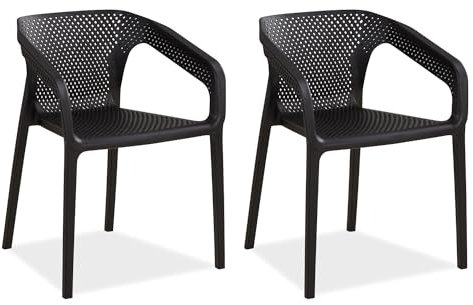 Homestyle4u Gartenstuhl Stapelbar Kunststoff Schwarz 2er Set mit Armlehnen Wetterfest Gartenmöbel Stühle
