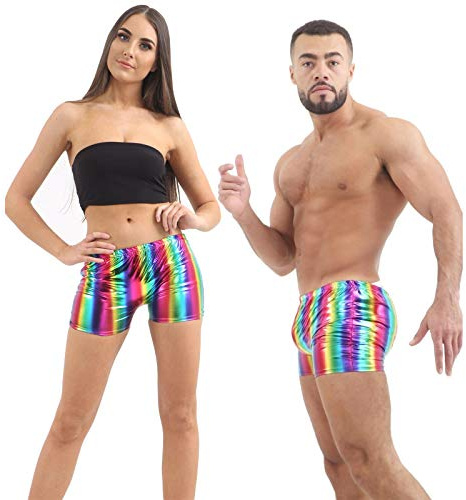 Men Women Shiny Metallic Rainbow Hot Pants, Unisex Casual Dance Wear Shorts Gay Pride Stretchy Wet Look Hot Pant Gay Pride Clothing Fancy Dress, M-L