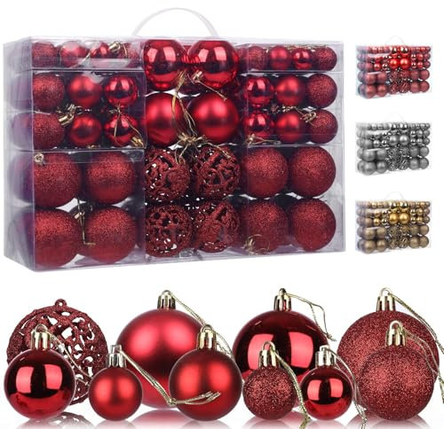 AIZQYC 100 Stück Plastik Christbaumkugeln Set, Weihnachtskugeln Ornamente zum Aufhängen, Weihnachtsbaum Deko Kugeln, Glitzernd, Matt, Glänzend Baumkugeln Weihnachten, Ø 3, 4 & 6 cm – Rot