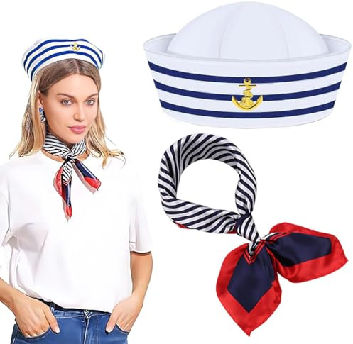 Matrosenmütze, 2 Stück Matrosenmütze und Schal Set Matrosen Set Blau-weiß gestreifte Matrosenmütze, Matrosen Kostüm, Partyhut Marine Mütze Damen/Männer Marine Hut Kapitän Accessoires für Party Cosplay