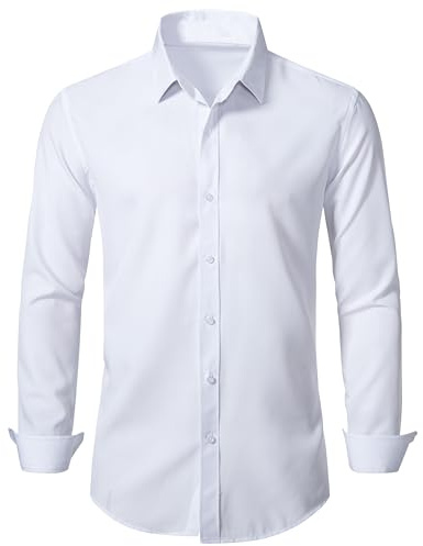 BEILU Stretch Mens Slim Fit Dress Shirts Formal Long Sleeve Button Down Shirts White X-Large