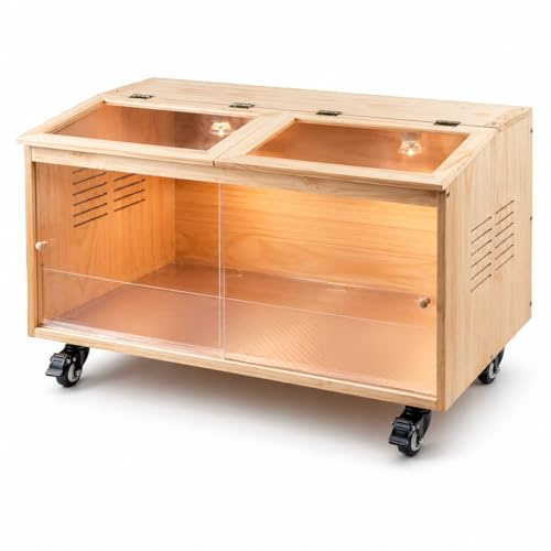 Naturlig Tallträ-Kycklingkylbox med Termostat, Värmelampa & Bromshjul - 1,5 cm Tjocka Solida Paneler för Kycklingar/Hamstrar/Marsvin/Tuggskydd (100 x 52 x 53 cm)
