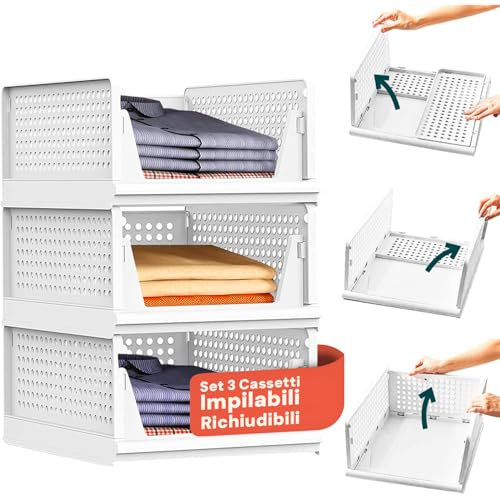 Avilia - Set di 3 Organizer Armadio in Plastica Richiudibili e Impilabili - Cassettiera Salvaspazio da Cucina, Bagno e Camera da Letto, Multiuso e Resistenti (3)