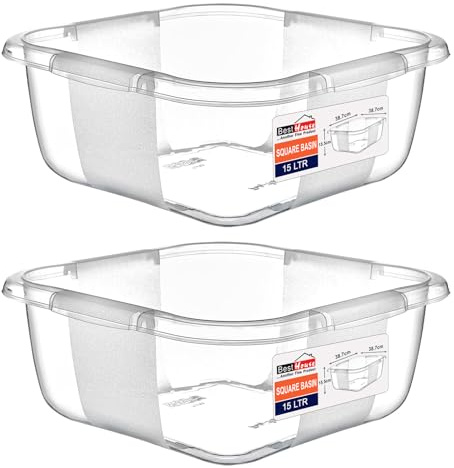 Best House | Plastic Washing up Bowl Basin | Square Kitchen Basin Wash Bowl | 15 Litres | Clear | 2 pcs | Multipurpose Bath Tub/Washing Tub for Kitchen, Bathroom, and Household Use (Pack of 2)