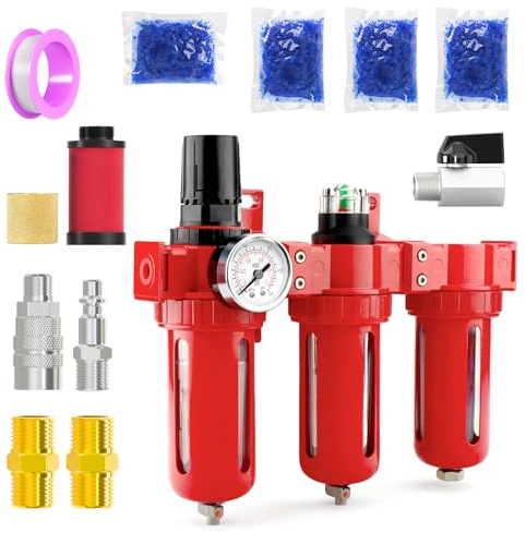 MEANLIN 3 Stage Aluminium Air Drying System 1/4 NPT,Coalescing Filter, Particulate Filter, Desiccant Dryer and Air Regulator, Manual Drain, Mid Flow, For Plasma Cutter and Paint Spray