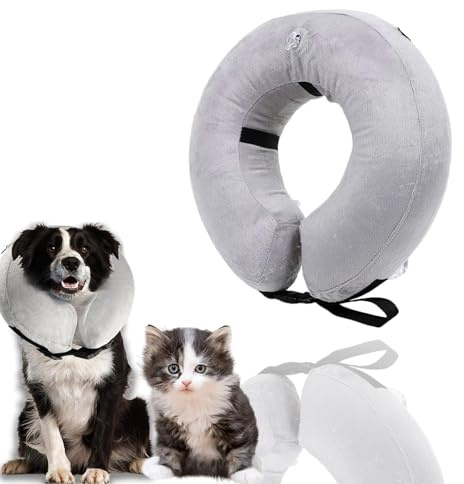 Halskrause Hund, Leckschutz Hund & Schutzkragen - Aufblasbarer Weicher Halskragen Grau 38x13cm (190g) für Hunde nach OP, Verletzungen oder Hautproblemen