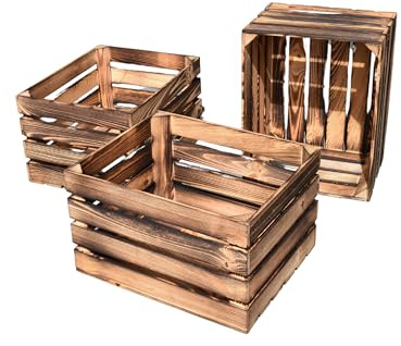 TIMBERMIK 3 Stück Geflammte Holzkiste B:50xH:30xT:40 Geschenkkorb Leer Kiste Groß Deko Weinkisten Holz Obstkiste Rustikale Nature Box