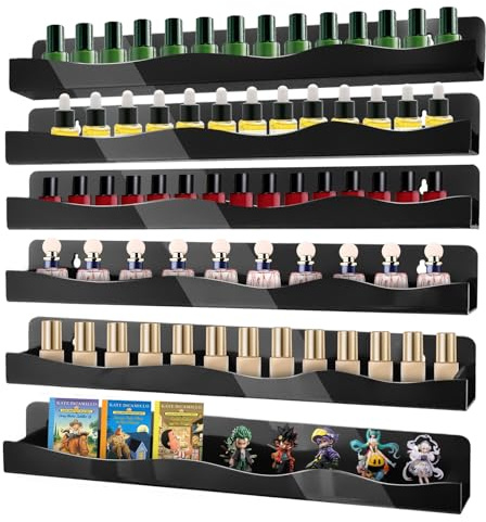 Nail Polish Wall Rack, 6-Shelf 15-Inch Black Acrylic Nail Polish Shelves with Removable Ends – Multi-Purpose Shelf for Essential Oils, Cosmetics Storage and Display for Salons and Bathrooms