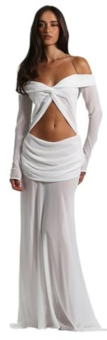 Vestido De Noche Sin Tirantes, Diseño Recortado De Manga Larga, Ombligo Fruncido, Corte Entallado, Un Hombro, Talla S-L (White,S)
