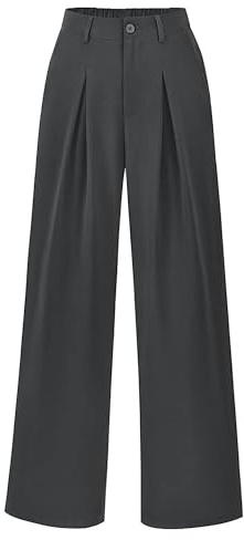 RegaliaKun, Pantalon Palazzo taille haute pour femme avec jambe large décontractée, boutonné, ample, pour le travail, le bureau, costume d'affaires, avec poches, gris foncé, S