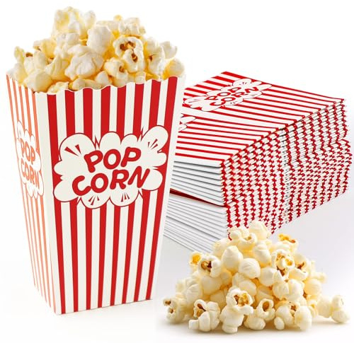 Prebarfun 32Pcs Popcorn Boxes, Small Popcorn Bags for Party, 7x11.5 cm Classic Striped Paper Container for Movie Night, Sleep Over Party, Birthday, Ideal for Fried Chicken, Biscuits, Sweets, Treats