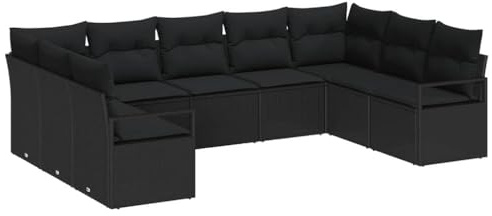 vidaXL Sofa Set mit Kissen 9 pcs Schwarz Poly Rattan, Sofa-Set für Garten und Terrasse, rechteckig, modern, wetterfest, stylisch und leichtes Outdoor-Möbel