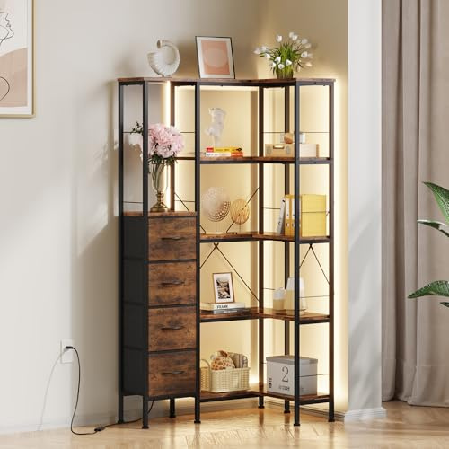 OYRREU Corner Shelf with LED Lighting, 5 Tier Book Shelf with 4 Fabric Drawers, Shelves, Bookcase, Bookshelf, Shelving Unit, Floor Standing, for Living Room Bedroom Office Rustic Brown
