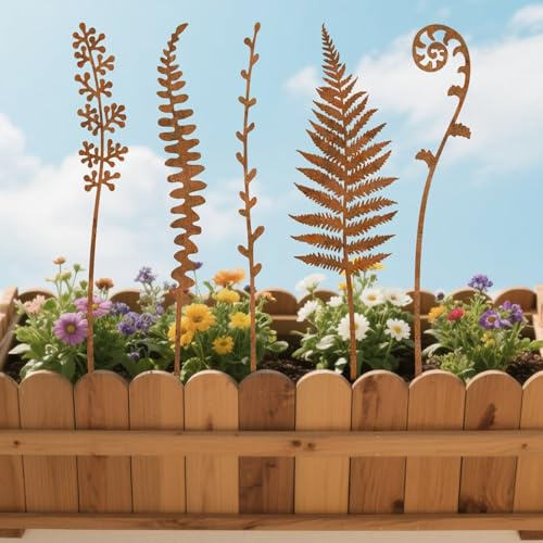 Gartendeko Rost Farn,5er Set Garden Gartenstecker,Rostiger Beetstecker Roststecker aus Edelrost Metall, Rost Deko für Garten Terrasse Balkon Blumentopf (5pc)