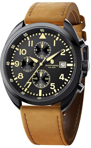 SAPPHERO Orologio da uomo: Orologio al quarzo analogico con cinturino in pelle, Orologio da uomo classico per affari, Display con numeri arabi, facile leggibilità– Orologio sportivo alla moda con
