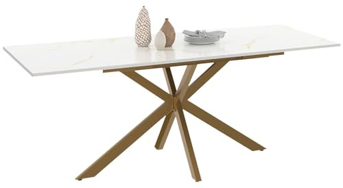 IDMarket - Mesa de Comedor Extensible Rectangular Alix 6-10 Personas Pata de araña de latón Tablero Efecto mármol dorado Alaska 160-200 cm