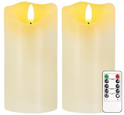 AVEKI Flammenlose Kerzenleuchten, 2 Stück, 15,2 x 7,6 cm, flackernde Weihnachtskerzen mit Fernbedienung und Timer, dimmbare Echtwachs-Stumpenkerzen, batteriebetrieben, Dekoration für Zuhause