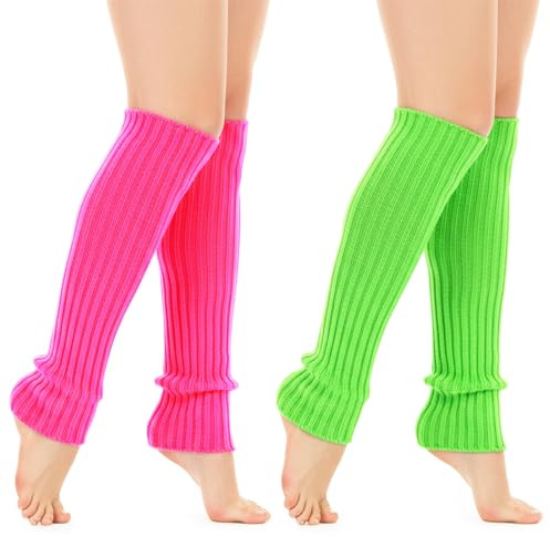 2 Paar 80er Kleidung Stulpen Leg Warmer Neon Colors Strümpfe Damen Rosarot Beinwärmer Fluoreszierendes Grün für 90er Jahre Kostüme Zu Motto Partys Fasching Karneval Oder Zum Tanzen Einheitsgröße